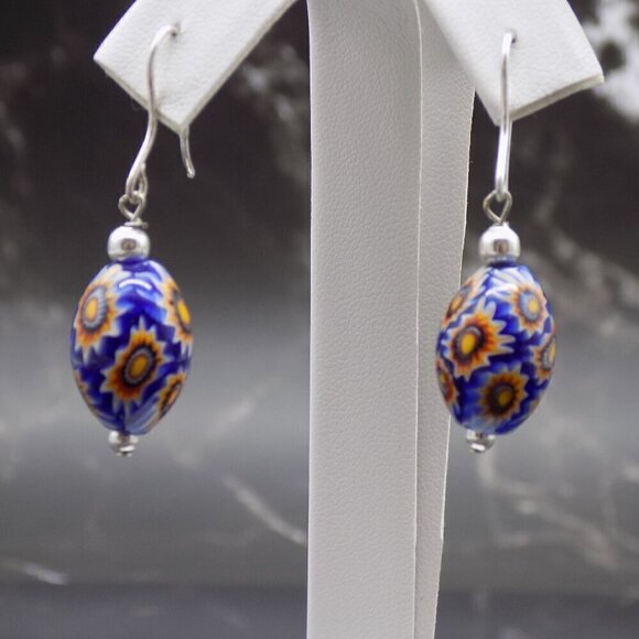 925 Sterling Silver Blue Glass Earrings Floral Beads Millefiori Style Signed FAS - Picture 1 of 5